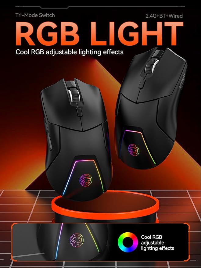 Wireless Gaming Mouse, PAW3311 Sensor, 12,000 DPI, 1,000Hz, Tri Mode (2.4G/Bluetooth/Wired), Ergonomic, USB C Rechargeable, 6 Programmable Buttons, Side Keys Mice for PC/Laptop/Mac (Black)