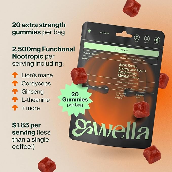 Gwella Focus Gummies with Lion’s Mane, Panax Ginseng, Ginger Root, Cordyceps, SAM-e, and Nootropics, Energy and Focus Supplement, Vegan, Strawberry Tangerine (20 Count - Pack of 3)