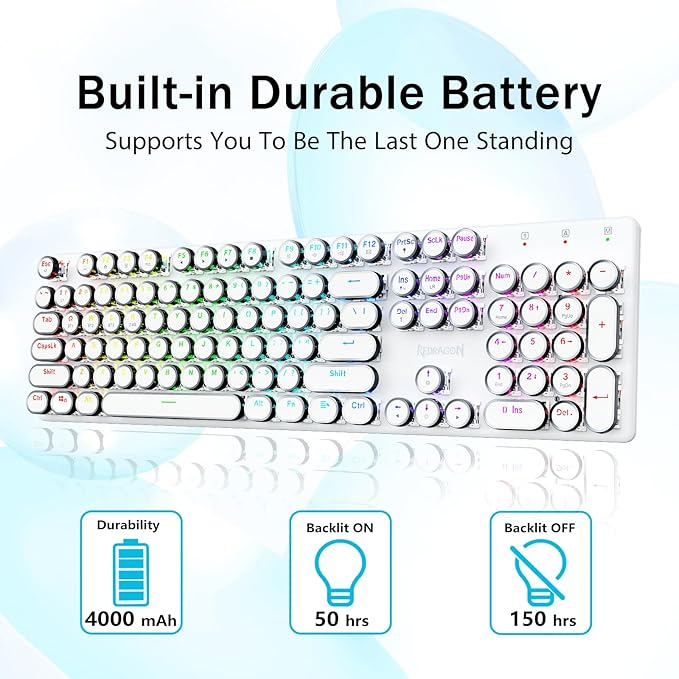 Redragon K710 Wireless Typewriter Mechanical Gaming Keyboard, Bluetooth/2.4Ghz/Wired, RGB Backlit, Blue Switch - Clicky, Rechargeable, Metal Panel, Round Keycaps, White