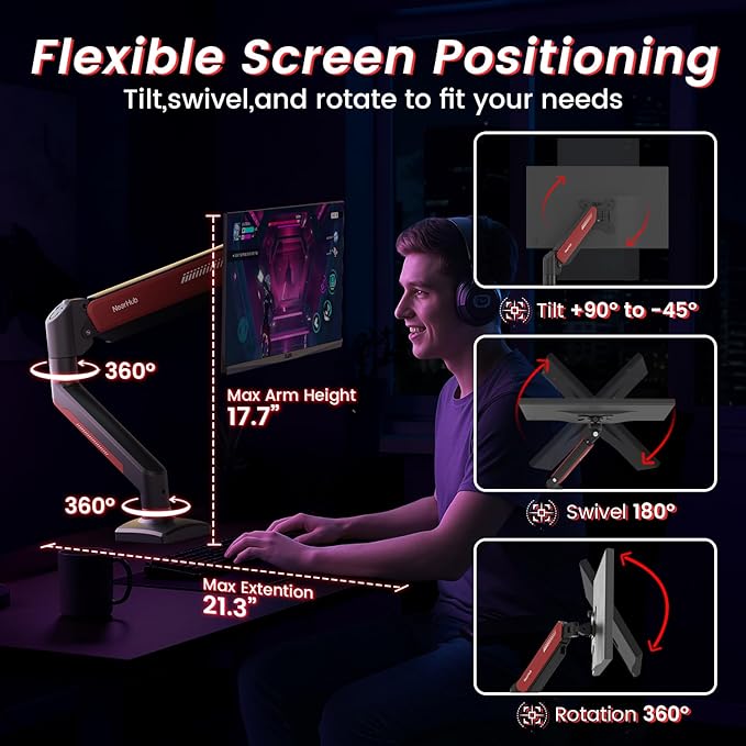 Gaming Monitor Mount for Computer Screen 13-32" and up to 22 lbs,360° Rotation,+90° to -45° Tilt,180° Swivel,with C Clamp and Grommet Base,Integrated Cable Management,75x75/100x100 VESA,RED