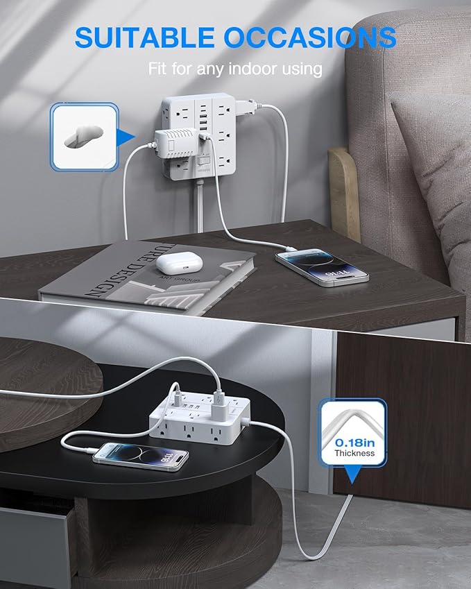 Flat Plug Surge Protector Power Strip, HUNIAN 12 Widely Spaced Outlets with 6 USB Charger (2 USB C Ports), 10 Ft Extension Cord Desk Charging Station for Home Office Supplies, Dorm Room, White