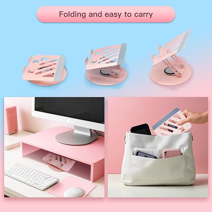 Pink 360° Rotating Portable Tablet Stand|Adjustable Dual Rotary Shaft,Foldable | Compatible with iPads & 4-13.3" Tablets - Perfect for Work,Office,Travel,Home,Painting