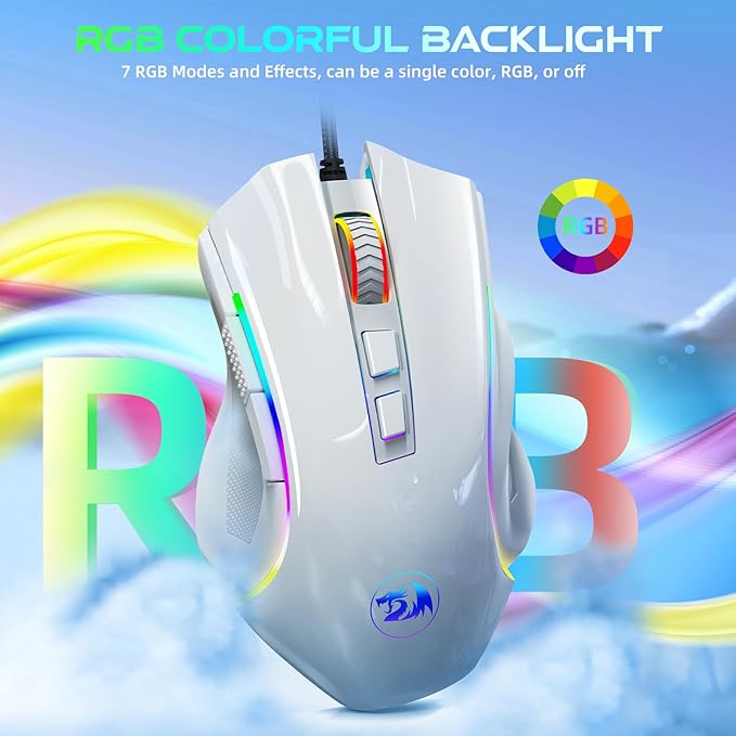 Redragon M602 Gaming Mouse, Ergonomic RGB Gaming Mouse Wired with 7200 Adjustable DPI, 9 Programmable Buttons, Professional Software for Gamer Office [White]
