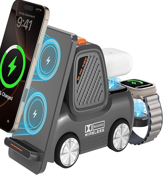 Forklift Wireless Charging Station with Bluetooth Speaker, 4 in 1 Wireless Fast Charger Multiple Devices, Compatible with iPhone16 15 14 13 Pro Max Series, Apple iWatch, Airpods, Android Phones