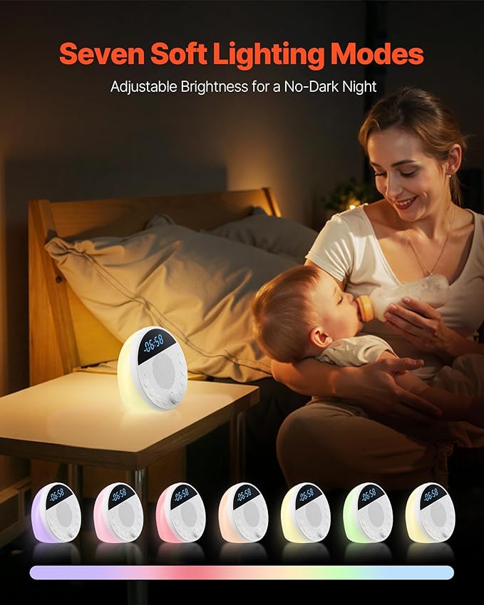 VEVOR Sound Machine, 18 Soothing Sleep Sounds and 7-Color Night Light, 5-in-1 White Noise Sound Machine with Dual Alarms, Auto-Off Timer and Memory Function, for Baby, Adults, Home, Office & Travel