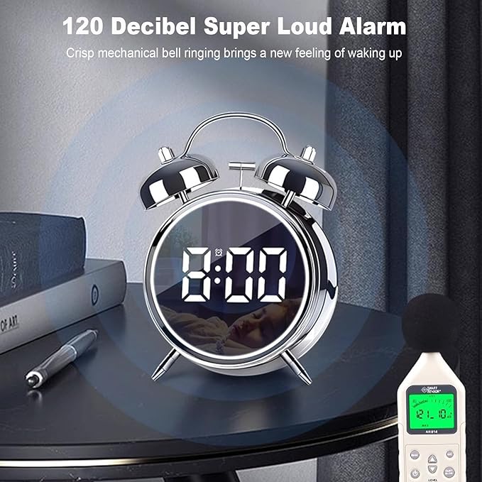 Digital Small Alarm Clock, 4.5 Inch Double Bell Electronic LED Alarm Clock, Plug in or Battery Operated Silent Metal Table Clock, Bedside Loud Bell Clock for Heavy Sleepers Adults Kids (Silvery)