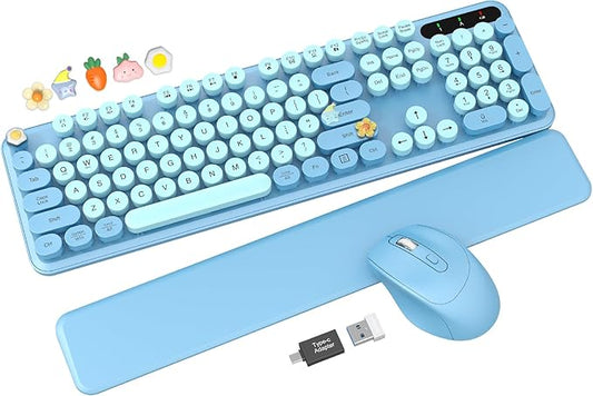 Wireless Keyboard and Mouse Combo - Cute Typewriter Keyboard with Detachable Wrist Rest, Retro Round Keycaps, Foldable Legs, 2.4GHz Full-Size for PC, Laptop, Windows - Trueque (Glacier Blue)