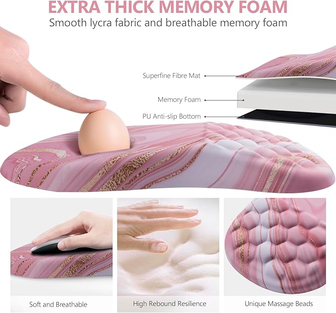 Mouse Pad Wrist Support, Ergonomic Mouse Pad with Wrist Rest, Comfortable Computer Mouse Pad for Laptop, Pain Relief Mousepad with Non-Slip PU Base Pink