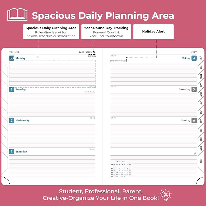 Planner 2025-2026 Daily Weekly and Monthly,11.5"x8.5",18 Months Spiral Bound Calendar Agenda with Self-adhesive Pen Holder,2026 Academic Plan with Vegan Leather Soft Cover,Rose Red