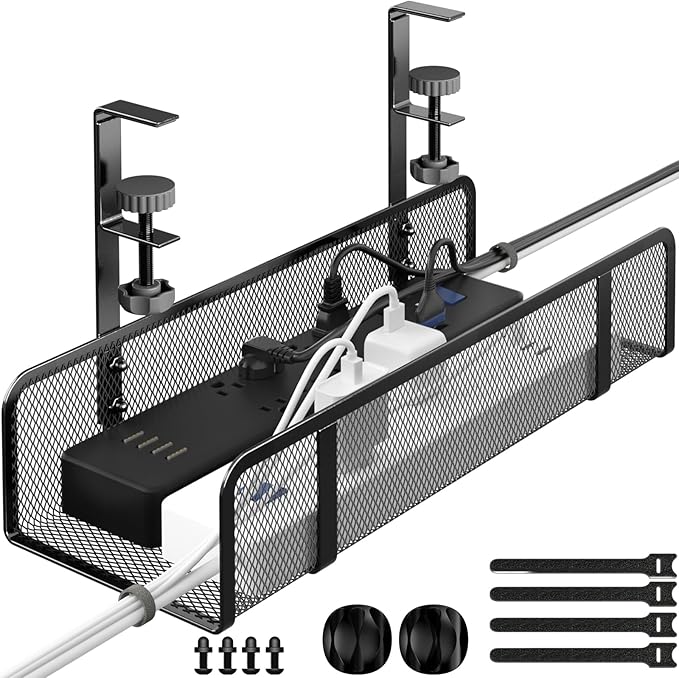 Under-Desk Cable Organizer Tray - Wire Management Box with Cord Organizer and Raceways for Office & Home - No Desk Damage, No Drill