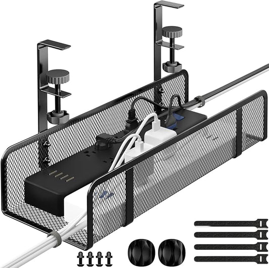 Under-Desk Cable Organizer Tray - Wire Management Box with Cord Organizer and Raceways for Office & Home - No Desk Damage, No Drill