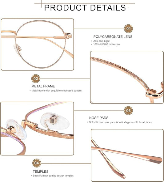 ANDWOOD Blue Light Blocking Glasses Women Men Small Face Computer Clear Bluelight Blocker Super Lightweight Metal Frame Round