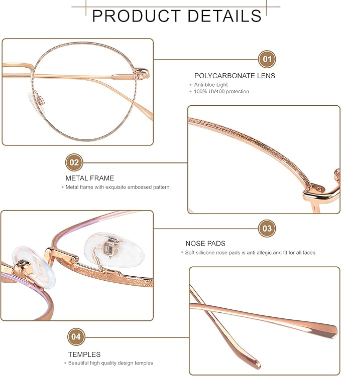 ANDWOOD Blue Light Blocking Glasses Women Men Small Face Computer Clear Bluelight Blocker Super Lightweight Metal Frame Round