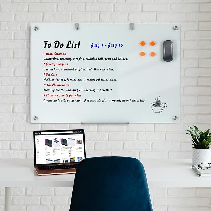 Glass Dry Erase Board, 36 x 24 Inches Magnetic Glass Whiteboard for Wall, 3' x 2' Frameless Board for Office, Home, School