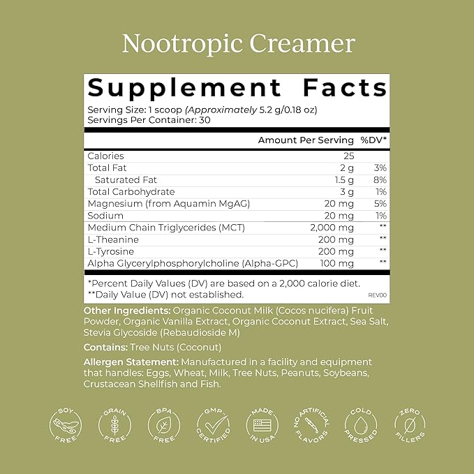 CYMBIOTIKA Nootropic Creamer – MCT Oil, Alpha GPC, L-Theanine – Keto, Vegan, Sugar-Free Coffee Creamer for Focus, Energy & Mental Clarity – Coconut Vanilla Flavor, 30 Servings