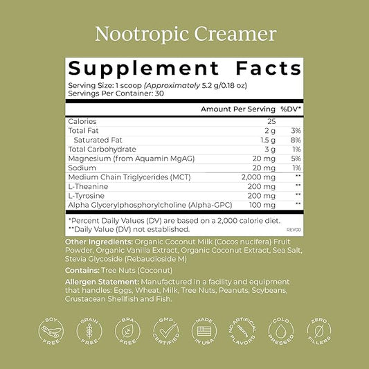 CYMBIOTIKA Nootropic Creamer – MCT Oil, Alpha GPC, L-Theanine – Keto, Vegan, Sugar-Free Coffee Creamer for Focus, Energy & Mental Clarity – Coconut Vanilla Flavor, 30 Servings