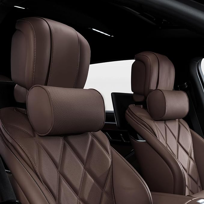 Car Headrest Pillow for Driving - Luxury Leather 100% Memory Foam, Ergonomic Neck Support - Universal Fit Head Rest Travel Pillow for Most Cars, Home & Office, Brown, 2 Pack