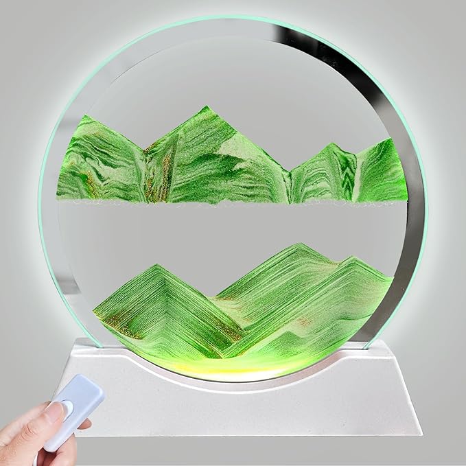 Aoderun 7" Moving Sand Art Liquid Motion with Light 3 Color Changing Moving Sand Art Picture Round Glass 3D Deep Sea Sand Art Sandscapes for Adult Relaxing Toys Desktop Home Office(Green)