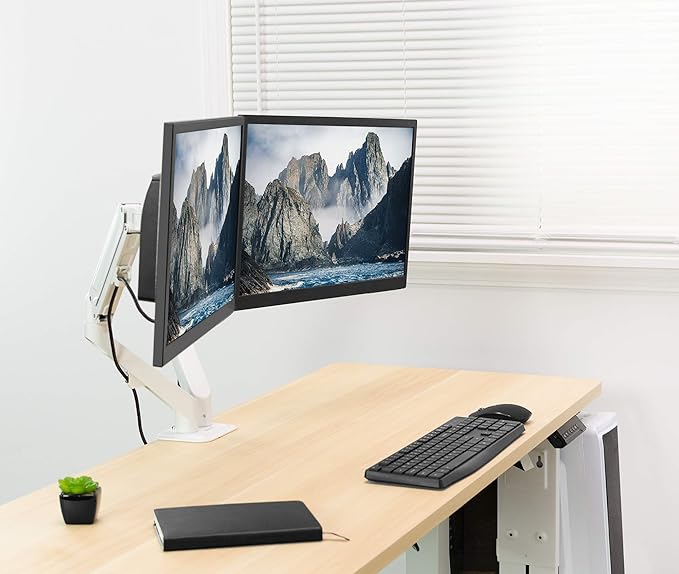 VIVO Aluminum Articulating Dual Monitor Arm for 17 to 27 inch Screens, Desk Mount Tension Spring Monitor Stand for 2 Screens, White, STAND-V102OW