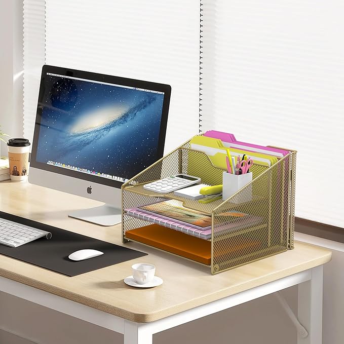 Samstar Gold Desk File Organizer, Mesh Letter File Folder Holder with 3 Paper Trays and 2 Vertical Upright Section, Gold
