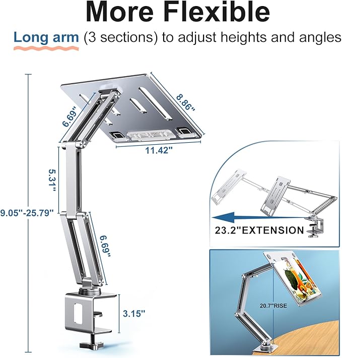 Laptop Mount for Desk, Tablet Arm Mount with 360° Rotating, Aluminum Laptop Tray Adjustable, Foldable Computer Stand/Holder, Fit for 11-17 Inch Laptops (Silver)