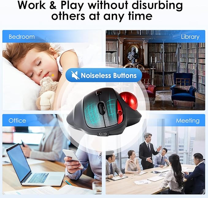 SANWA 2.4G Wireless Trackball Mouse, Optical Ergonomic Rollerball Mice, Programmable Silent Buttons, USB-A & Type-C Receiver, Thumb Control, 4 DPI, Rechargeable Compatible for PC, Mac, Windows, Laptop
