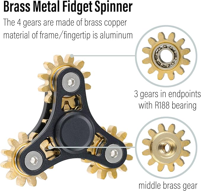 FREELOVE Gear Metal Fidget Spinner Toys for Adults, Small Mini Tiny Pockget Figette, Bike Chain, Copper Brass Hands Gyro, Quiet Silent Cool Cube for Anxiety Men (4 Gears Linkage, Black-Brass)