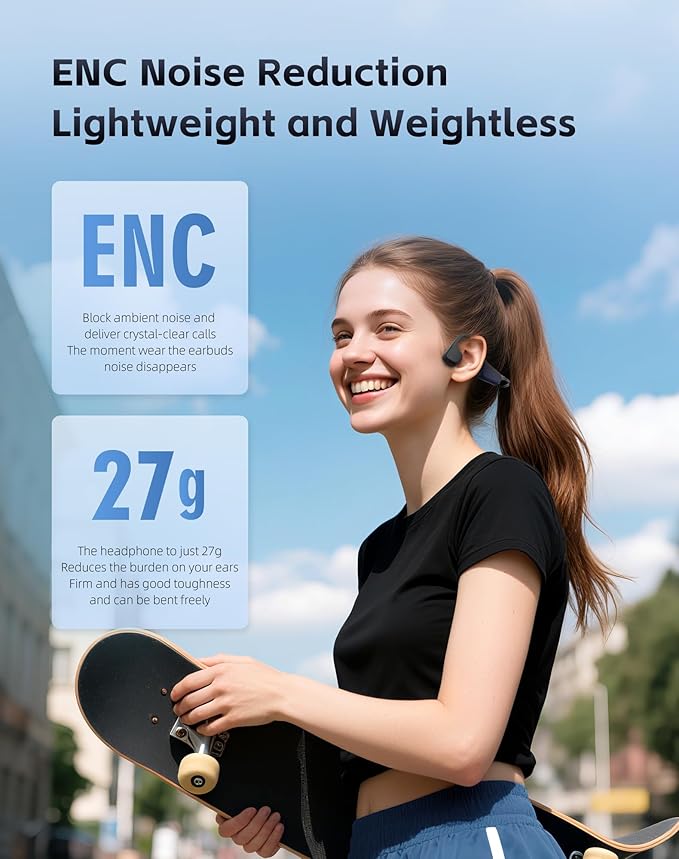 Bone Conduction Headphones, Waterproof Open Ear Wireless Bluetooth Shower Earbuds Noise Cancelling, HiFi Stereo Earphones with Mic, 18H Playtime, Comfort Headset for Sports, Work, Meeting