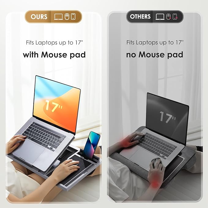 LORYERGO Adjustable Laptop Desk with Cushion, Mouse Pad & Cellphone Slot - Laptop Stand for Bed & Couch, Riser for Home & Office (Grey)