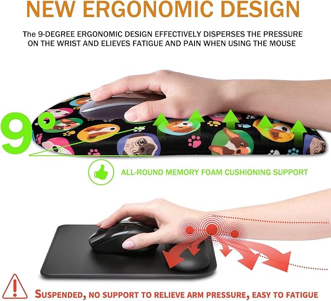 Ergonomic Mouse Pad Wrist Support,Upgrade Mousepad with Massage Design,Non-Slip PU Base Desktop Mouse Pads for Pain Relief, Computer, Office & Home,12 x 8 in（F-Lovely Dogs）
