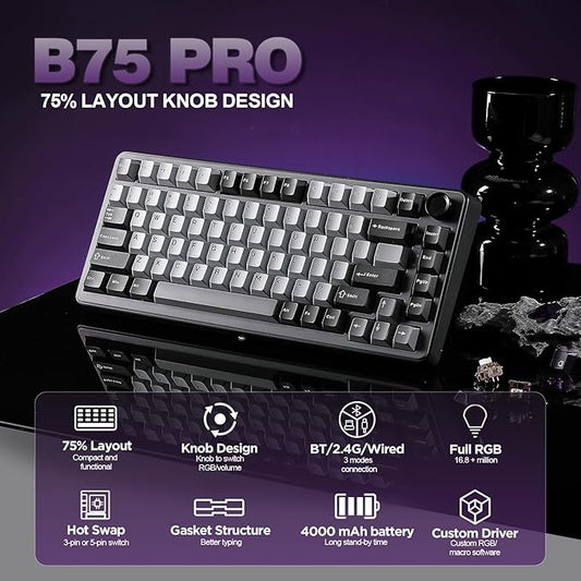 YUNZII B75 PRO Wireless Mechanical Keyboard,75% Layout with Knob,Hot Swap Gasket Structure,Creamy Pre-lubed Switches,RGB Backlit,Bluetooth/Type-C/2.4G for Win/Mac (Dark Grey, Milk Switch)