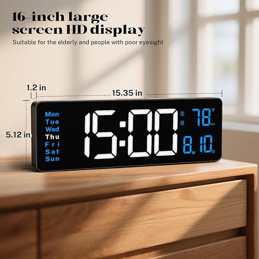 Digital Wall Clocks, 16" Large Digital Clock with Remote Control, Led Wall Clock for Classroom with Date, Week, Alarm, Temperature, Night Light for Living Room, Bedroom, Gym, Office(Blue)