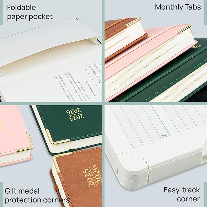 POPRUN Daily Planner 2025-2026 One Page per Day, (A5 Size 5.75" x 8.5") Academic Calendar (July25- June26) Hourly Appointment Book with Vegan Leather Hardcover, Monthly Tabs & Pocket - Cornflower