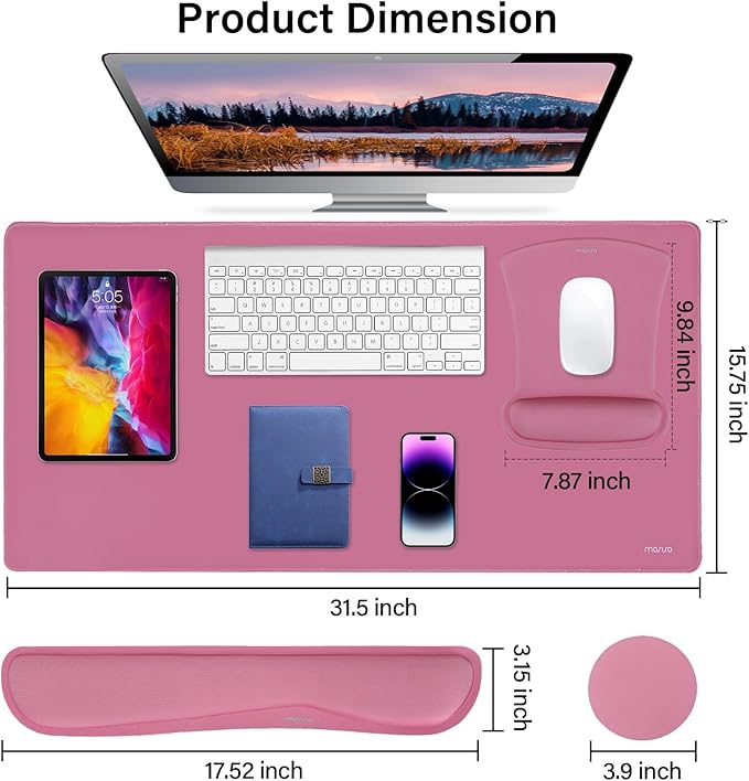 MOSISO Keyboard Mouse Pad Set, Large Gaming Mousepad&Keyboard Wrist Rest&Mouse Wrist Rest&Coaster, Ergonomic Non-Slip Mousepad&Easy Typing Cushion with Memory Foam for Home Office, Rose Red
