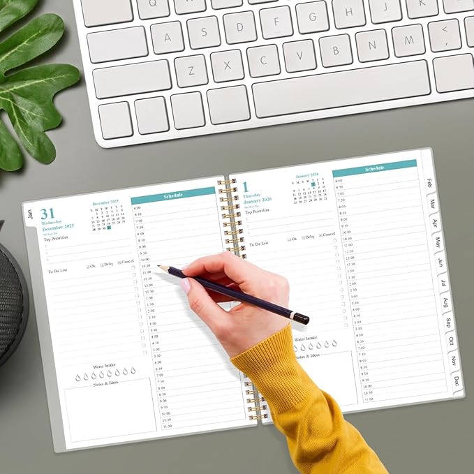 2026 Daily & Monthly Planner - One Page Per Day, Daily Planner from January 2026 - December 2026, Planner 2026 with 12 Monthly Tabs, 8.5" x 11", Blue Leaf Flower