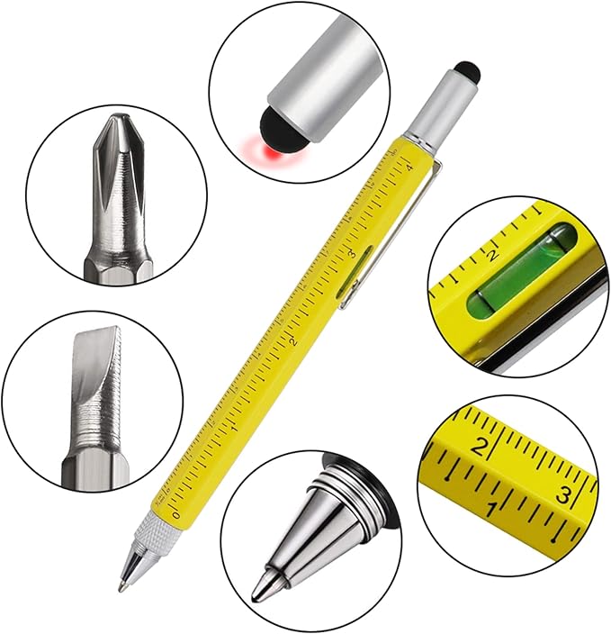 HeTaoCat Gifts Multi Tech Tool 6 in 1 Stylus Pen - Screwdriver With Ruler, Levelgauge, Ballpoint Black Ink (Yellow)