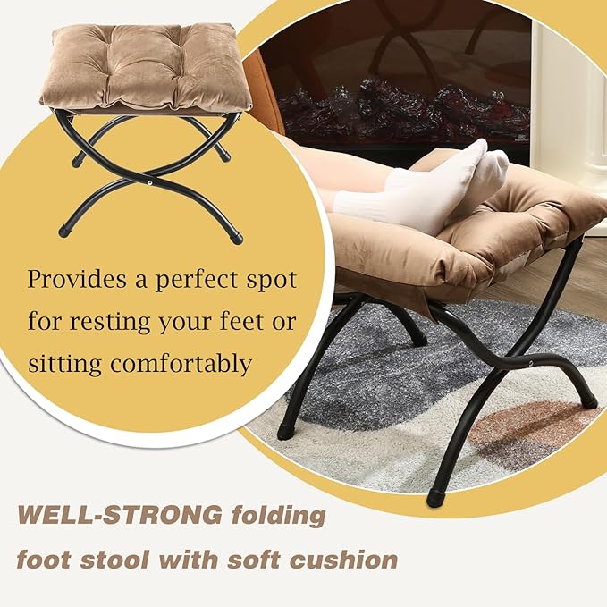 15" Foldable Foot Stool Ottoman with Metal Frame - Washable Khaki Upholstered Indoor/Outdoor Footrest for Living Room, Bedroom, Patio - Space-Saving Compact Design
