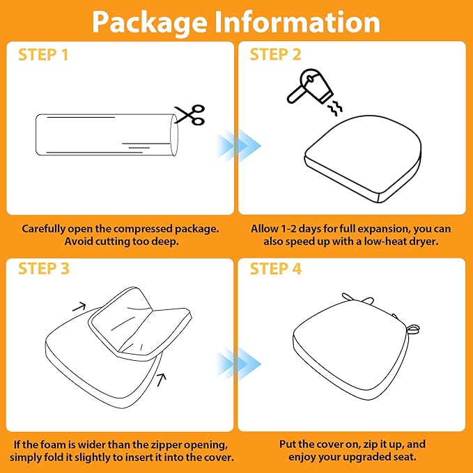 Chair Cushions for Dining Chairs, 2" Thick Seat Cushions for Kitchen Chairs, D-Shaped Chair Pads with Washable Cover, Ties and Non Slip Backing, 17'' x 16'', Set of 6, Orange