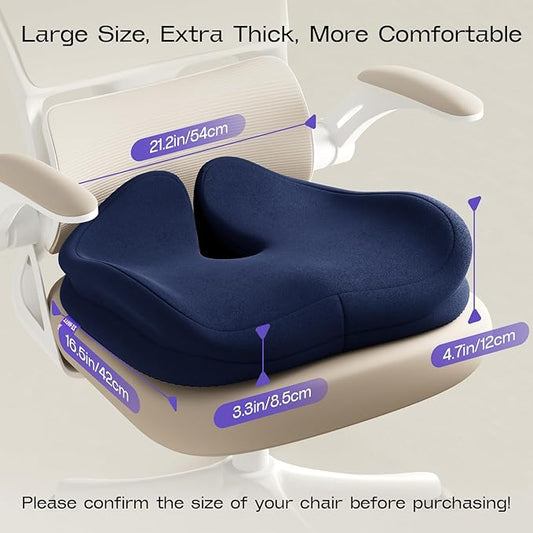 Seat Cushions for Office Chairs - Ergonomic Tailbone Pain Pressure Relief Seat Cushion - Extra Large & Thick Design Memory Foam Office Chair Cushion, 21.2" W X 16.5" L (Blue)