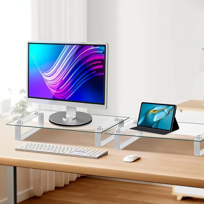 Glass Monitor Stand for Desk, 22Lx8Wx3.5H Inches, Clear Computer Monitor Riser, Large Monitor Stand for Laptop, Desk Organization, Office Supplies
