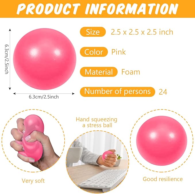 24 Pcs Pink Foam Stress Ball Squeeze Stress Relief Balls for Kids and Adults Hand Exercise Sensory Relief Toys for Anxiety ADHD Autism （Pink）