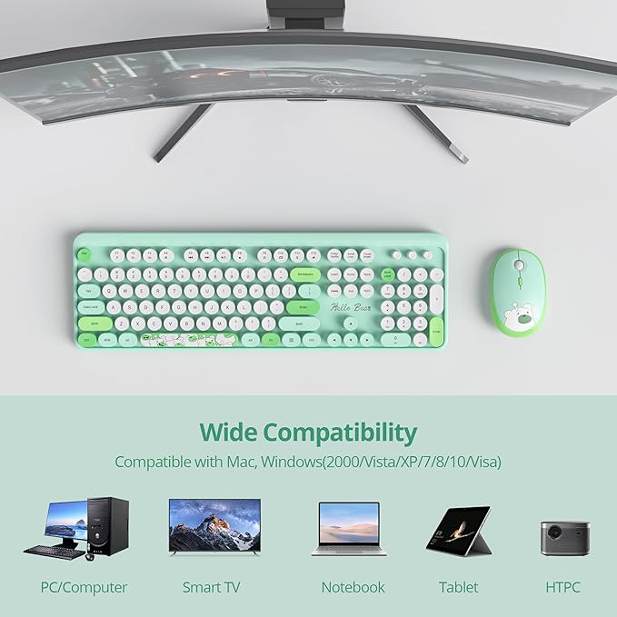 GTSP Green Typewriter Wireless Keyboard and Mouse, Office Full-Sized Colorful 2.4G Cute Aesthetic Keyboard for Computer, Laptop, PC Desktops（Green）