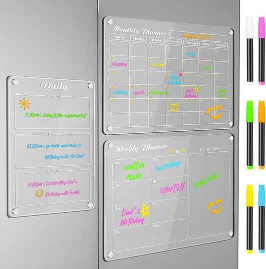 DIYMAG Planning Pads 3Pack Acrylic Magnetic Dry Erase Calendar for Fridge, Clear Acrylic Calendar Planning Board Set 2025 Magnetic Weekly Monthly Planner Memo Board for Refrigerator with 6 Highlight
