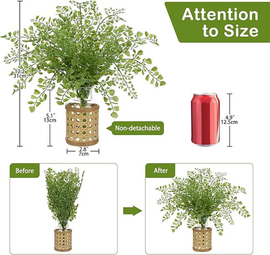 Faux Greenery Stems in Vase Aritificial Fern Plant in Glass Vase with Faux Water & Woven Cover Small Fake Desk Plants Greenery Centerpieces for Farmhouse Kitchen Dinner Tables Shelves Plants Decor