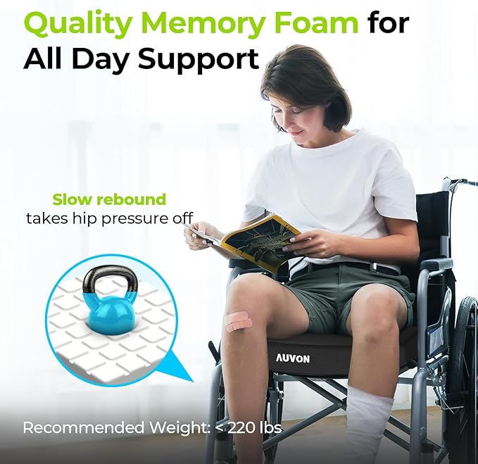 AUVON Cooling Gel Wheelchair Seat Cushion for Sciatica, Back, Pressure Sore and Ulcer Pain Relief, Breathable Memory Foam Chair Cushion with Waterproof Silk Fabric, Removable Strap, Anti-Slip Cover