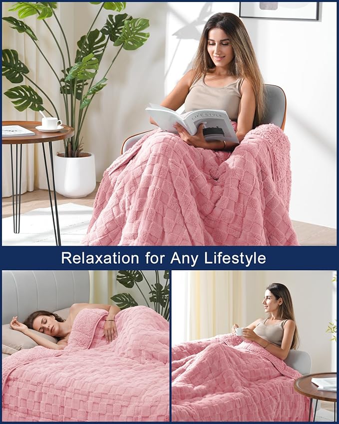 Kivik Dual Sided Weighted Blankets for Adults, Buttery Soft Stylish Checkered Heavy Blankets for Couch Sofa Bed - Ultra-Fluffy Fabric Brings Cloud-Like Comfort (60"x80", Pink, 15 Pounds)