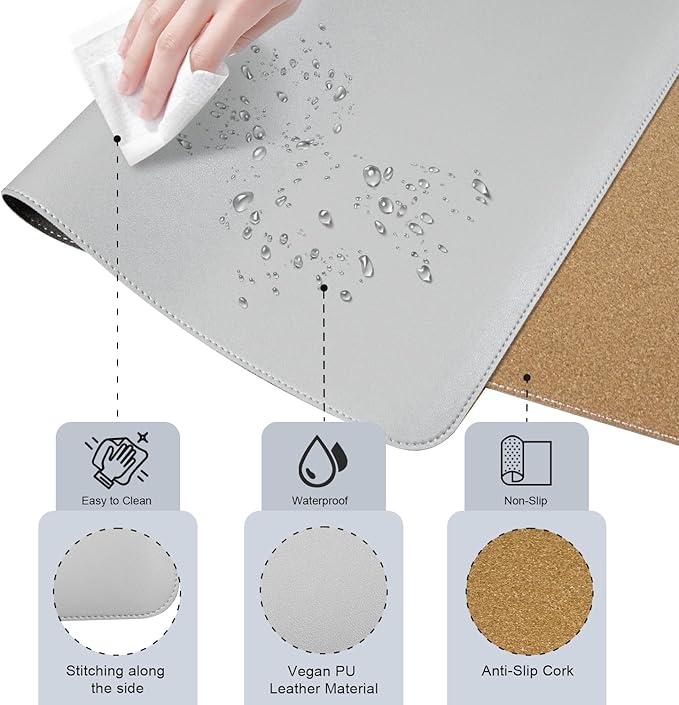 Non Slip Desk Mat, 31.5" x 15.7" PU Leather Desk Pad, Cork Desk Mat for Desktop, Desk Pad for Keyboard and Mouse, Ideal for Office and Home, Light Grey