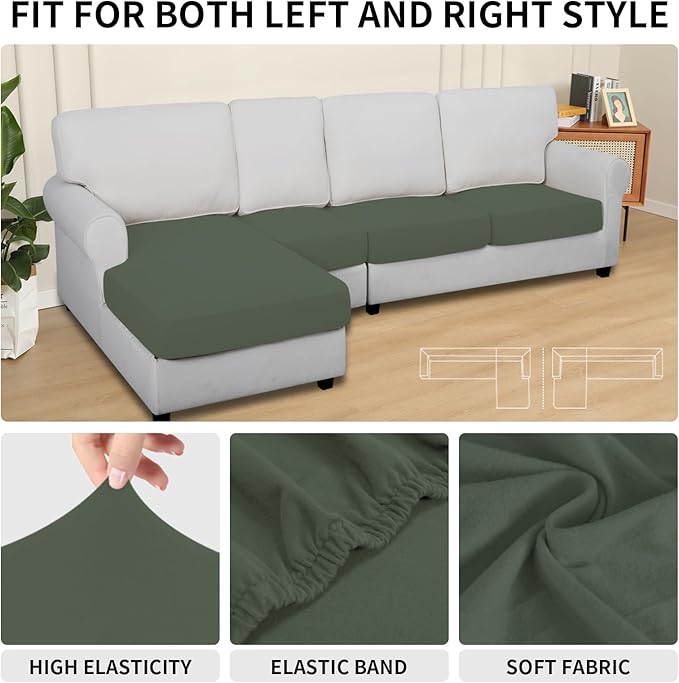 Easy-Going 100% Waterproof 4 Pieces Couch Cushion Covers for Sectional Sofa Left/Right L Shape Chaise Lounge Sofa Seat slipcover Anti-Slip Sofa Cover (3 Seater + 1 Chaise, Grayish Green