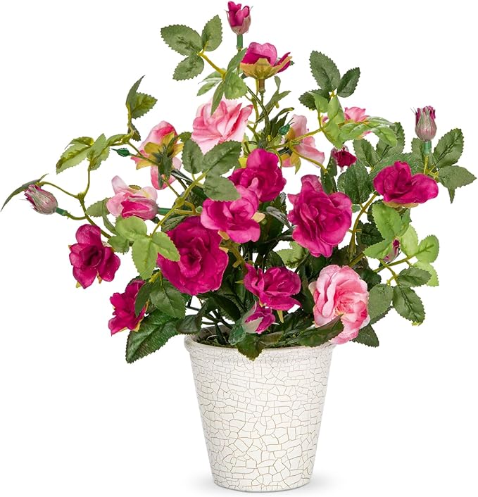 Hollyone Artificial Plants & Flowers in Vase Red Camellia Roses Small Faux Flower Plant Arrangement with Pot Fake Rose Flowers Home Decor Office Bathroom Shelf Desk Table Decoration