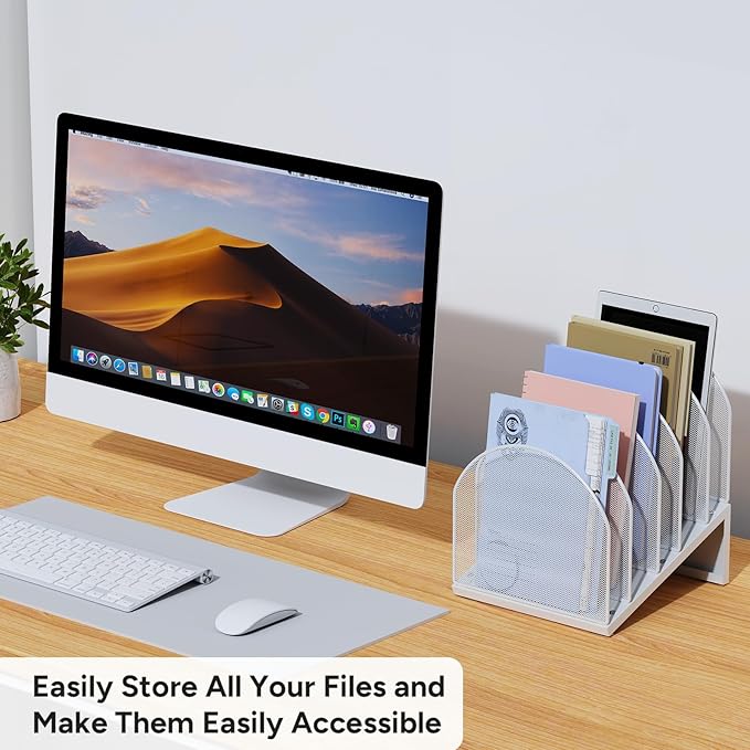 5-Section Desk File Organizer, Metal Mesh Folder Organizer for Documents, Mail & Office Papers (White)